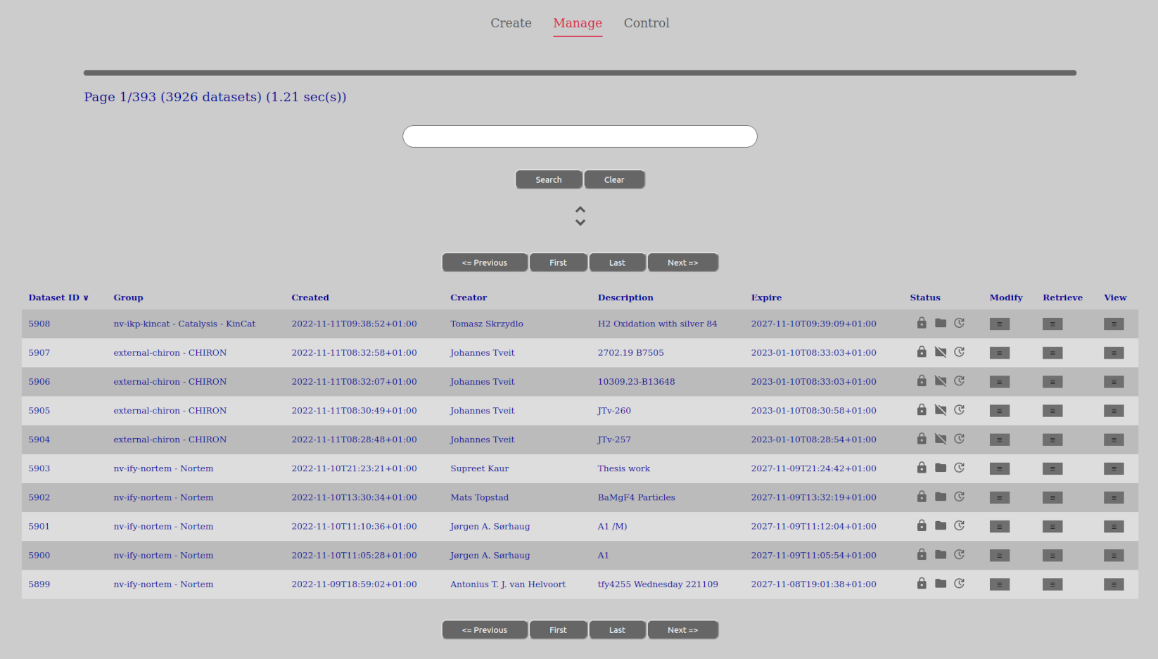 Manage Datasets View