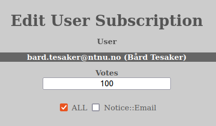 Edit User Subscription Window